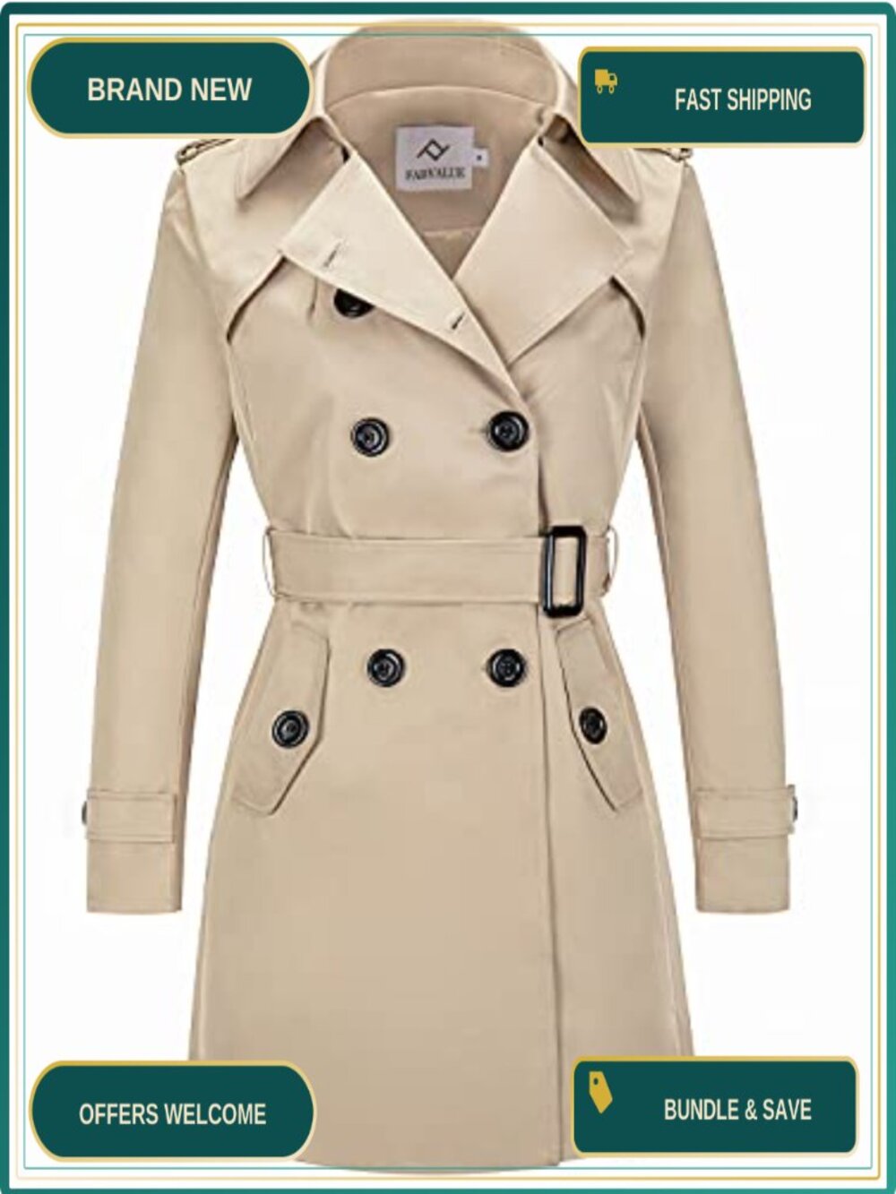 Women's Double Breasted Trench Coat Water Resistant Belted Overcoat